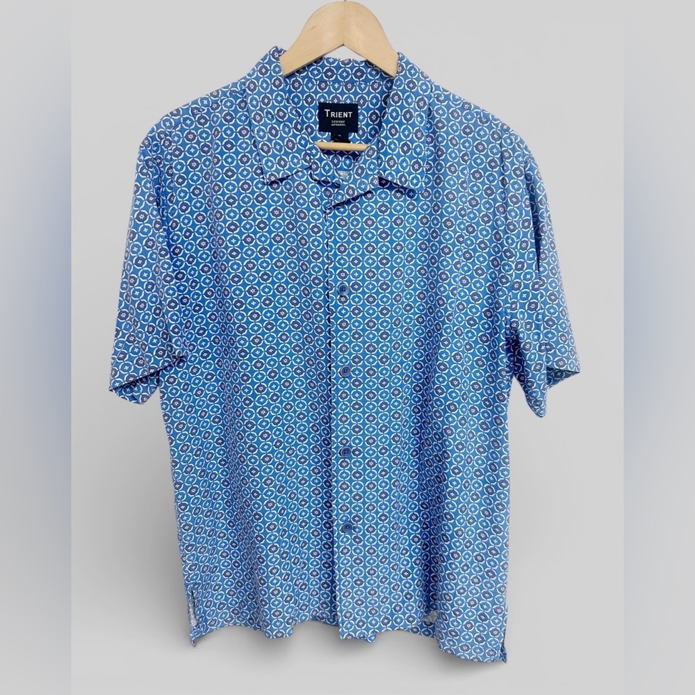 Trient Men’s 100% Silk Resort Button-Down Shirt Blue Print Size XL - Picture 2 of 5